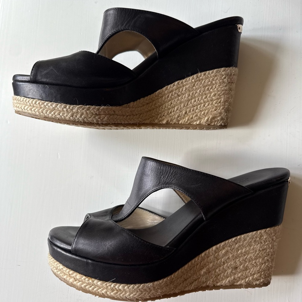Jimmy Choo Black Leather Espadrille Wedge Sandals